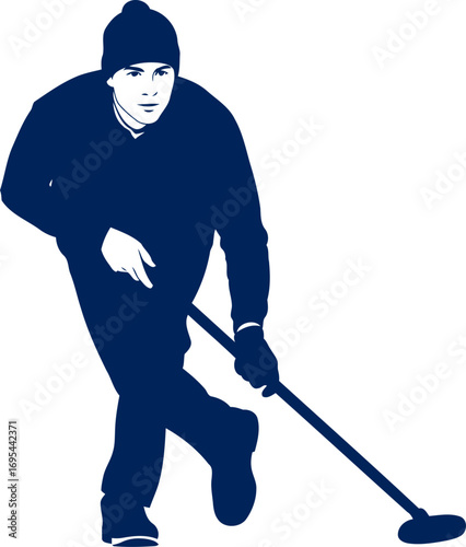 curling athlete silhouette focused determination, precise delivery, winter sports action, isolated on transparent background