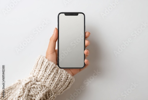 A person's hand, wearing a textured knitted sweater, holds up a blank screen smartphone against a white background