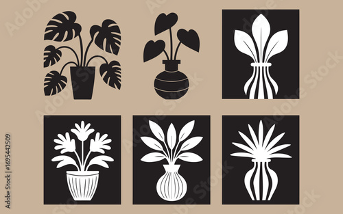 Six stylized silhouette illustrations of potted houseplants in black and white