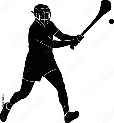 dynamic camogie player silhouette intense action, skillful strike, unstoppable power, isolated on transparent background