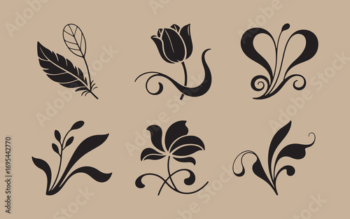 Collection of six black floral and feather ornamental designs on a beige background