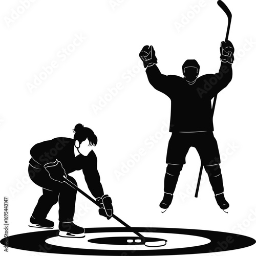 ice hockey victory silhouette player celebrates, opponent focuses, intense game, isolated on transparent background