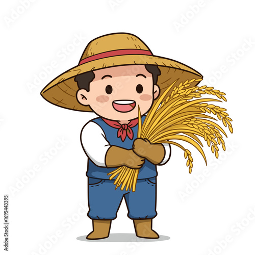 Cartoon farmer smiling while holding golden wheat, wearing a straw hat, red neckerchief, and blue overalls on a plain white background.