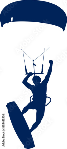 kitesurfer silhouette triumphant leap, ocean majesty, wind power, isolated on transparent background