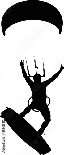 kitesurfer silhouette triumphant flight, oceanic freedom, adrenaline rush, isolated on transparent background