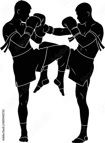 muay thai fighters silhouette dynamic duel, impact, and the art of eight limbs, isolated on transparent background