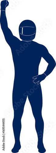 racing driver silhouette triumphant victory fist pump, celebratory pose, blue, isolated on transparent background
