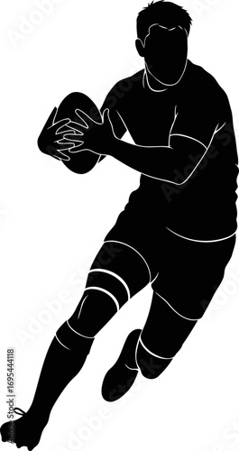 rugby player silhouette dynamic action, intense focus, and unstoppable drive, isolated on transparent background