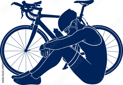 road cyclist silhouette postrace exhaustion, defeats embrace, and the weight of the challenge, isolated on transparent background