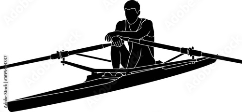 serene rower silhouette contemplative pose, still water, and peaceful solitude, isolated on transparent background