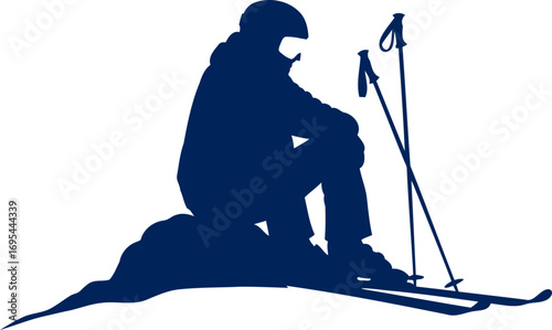 serene skier silhouette contemplation, solitude, and the majestic mountain vista, isolated on transparent background