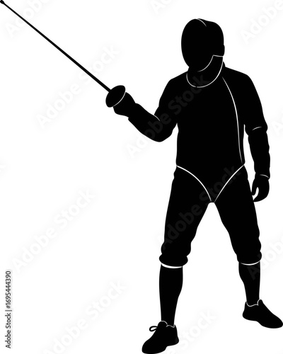 silhouette of a focused fencer graceful fencing pose, ready to strike, isolated on transparent background
