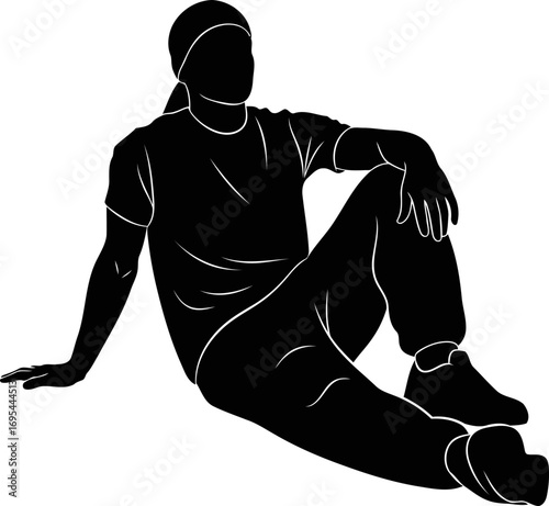 silhouette of a young man contemplative pose, relaxed and peaceful, casual clothing, youthful energy, isolated on transparent background