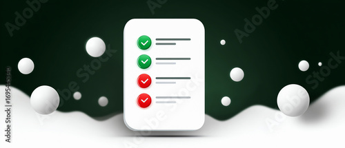 Checklist infographic green red white abstract background sphere modern minimal floating document mark symbol concept design template business