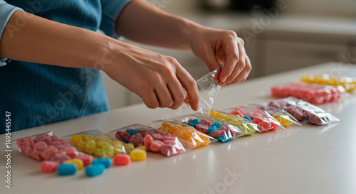 Hands Packing Colorful Halloween Candies in Plastic Bags