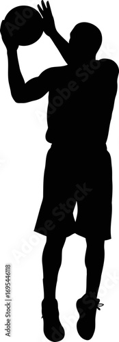 basketball player silhouette black art, dramatic pose, intense game action, isolated on transparent background