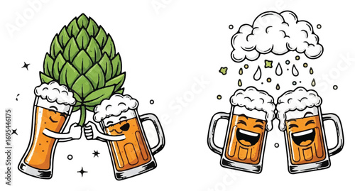 Two cartoon beer glasses clinking together, one with a hop plant, celebrating a toast.
