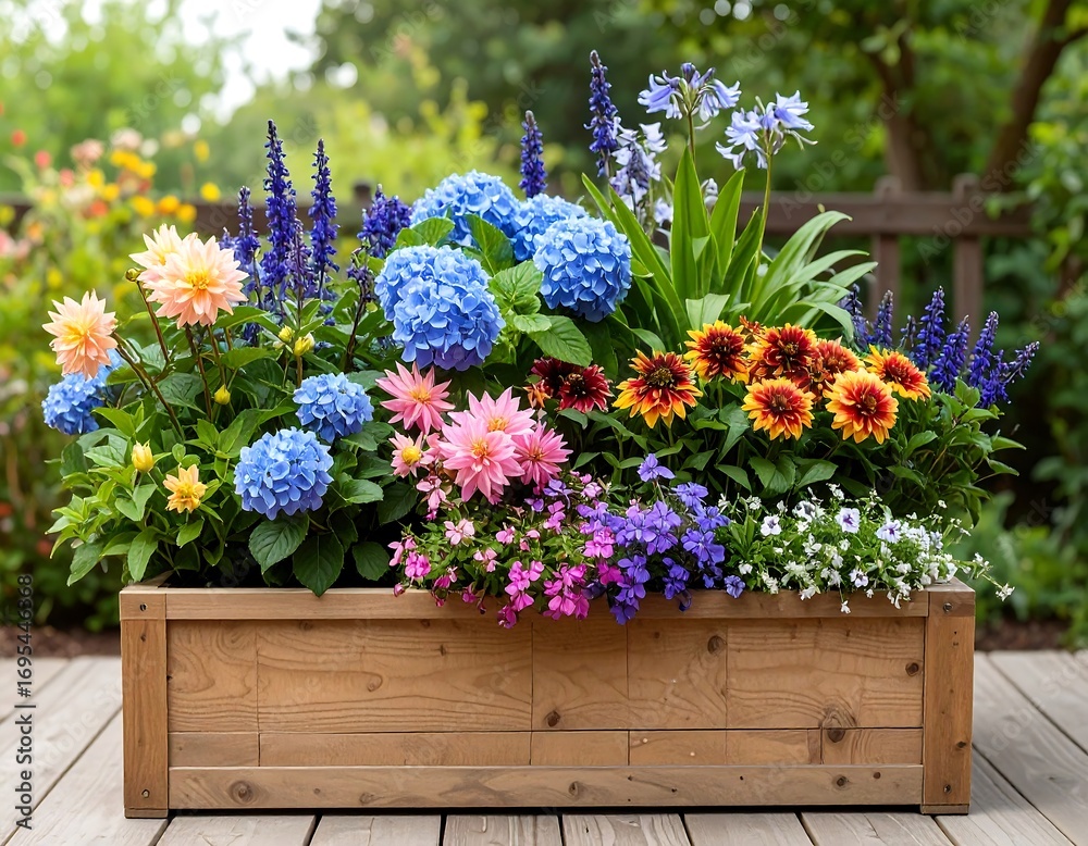 Obraz premium A vibrant wooden planter overflowing with a colorful array of flowers, featuring hydrangeas, dahlias, and sunflowers, creating a joyful and inviting outdoor display.