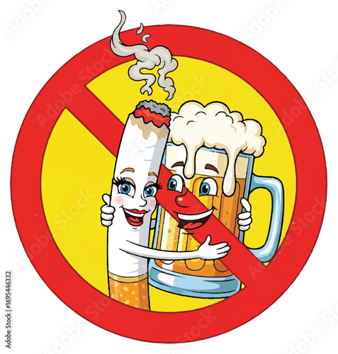 Red circle prohibition sign against smoking and drinking.