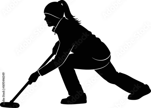 curling athlete silhouette focused sweep, winter sports grace, precise ice control, isolated on transparent background