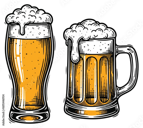 Vintage style illustration of two frothy beer glasses, a tall pilsner and a classic mug, filled with golden lager.