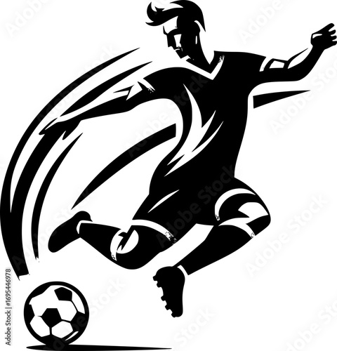 Minimalist black and white vector icon of a soccer player with clean lines. Modern, simple, scalable design for stickers, logos, or digital use.