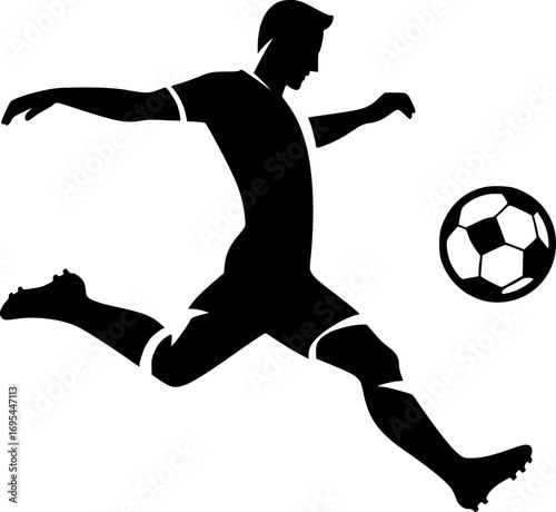 Minimalist black and white vector icon of a soccer player with clean lines. Modern, simple, scalable design for stickers, logos, or digital use.