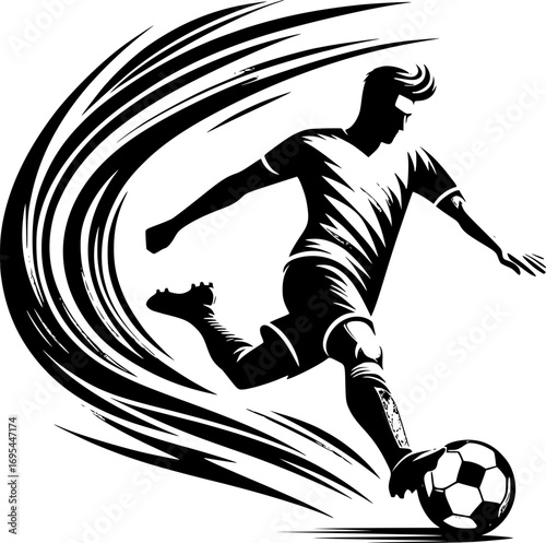 Minimalist black and white vector icon of a soccer player with clean lines. Modern, simple, scalable design for stickers, logos, or digital use.