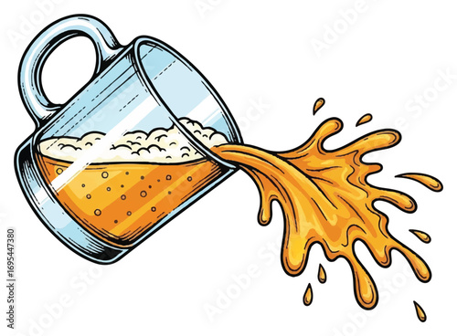Illustration of a tilted glass mug spilling golden beer, creating a splash effect.