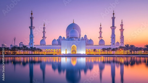 Sheikh Zayed Mosque Exterior, White Building with Towers & Reflecting Pool, Sunset Sky