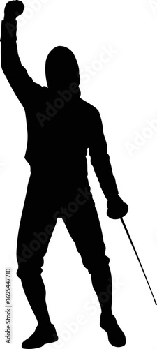 victorious fencing silhouette triumphant pose, celebratory gesture, and athletic power, isolated on transparent background
