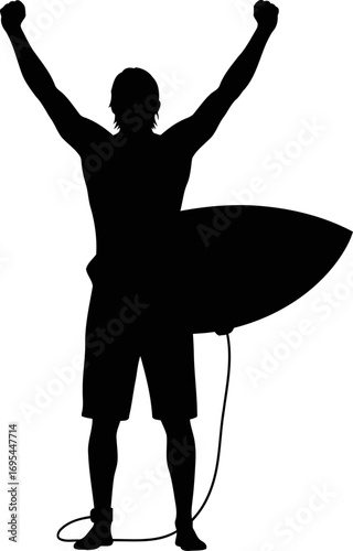 triumphant surfer silhouette celebrating ocean victory, waves conquered, surfing success, isolated on transparent background