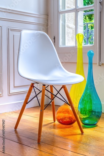 Contemporary white chair with wooden legs stands on a wooden floor near glass vases and a window
