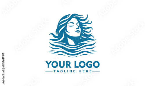 A stylized logo featuring a woman's face emerging from blue water waves, serene expression.