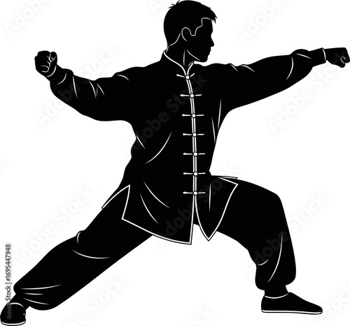 wushu warrior silhouette of focused power, graceful strength, and ancient discipline, isolated on transparent background