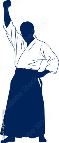 aikido silhouette triumphant pose, martial arts mastery, and the spirit of victory, isolated on transparent background