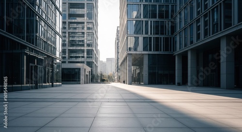 Wallpaper Mural Urban plaza between modern high-rise buildings, bathed in morning sunlight.  Empty pavement, commercial spaces, and glass facades define the scene Torontodigital.ca