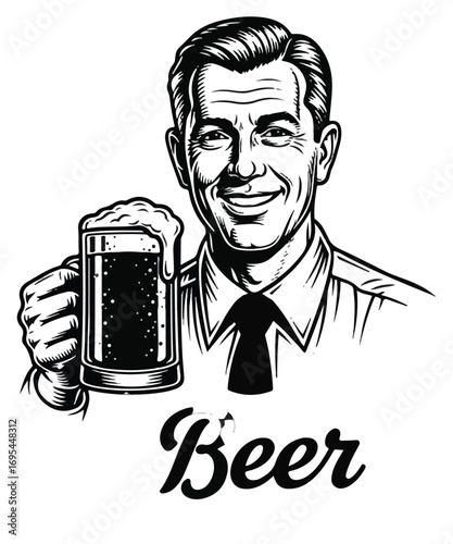 A vintage illustration of a smiling man in a suit holding a frothy mug of beer.