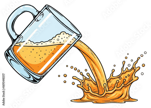 A cartoon illustration of a glass mug pouring out a frothy amber liquid, creating a dynamic splash.
