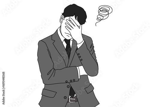 肩を落として悩む 考え込むサラリーマン男性のイラスト 上半身正面