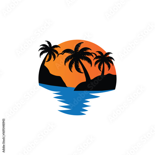Sunset Sea View Beach Logo Design Summer Vacation Place