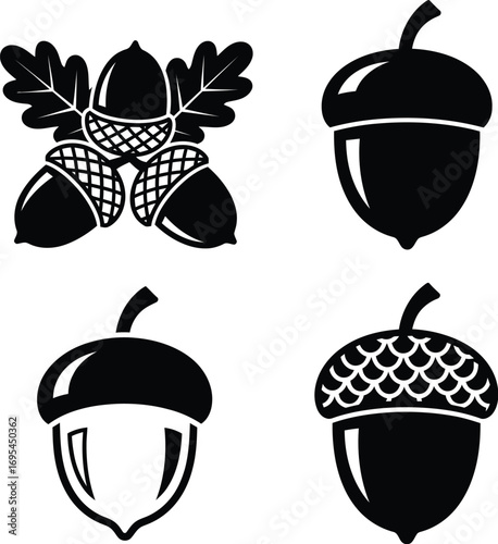 Monochrome Acorn Icons Set with Leaves and Textured Caps illustration