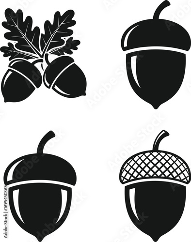 Monochrome Acorn Icons Set with Leaves and Textured Caps illustration