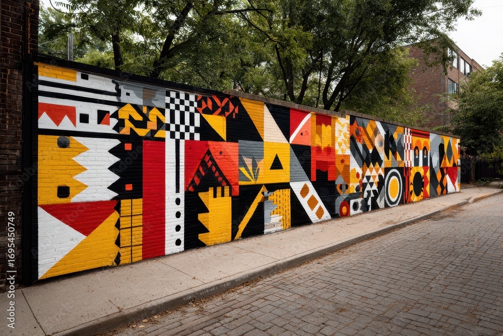 Fototapeta premium Street Art Mural with Bold Geometric Shapes on a Brick Wall along a Cobblestone Road