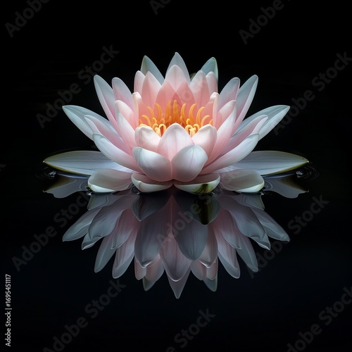 Blooming pink water lily with a perfect reflection on still water against a pure black background. Symbol of purity, tranquility, zen, and harmony, for spa, yoga, or meditation concepts.