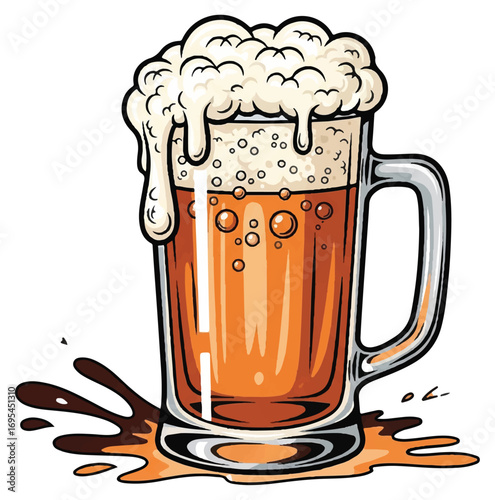 A frothy glass of beer with a spill.