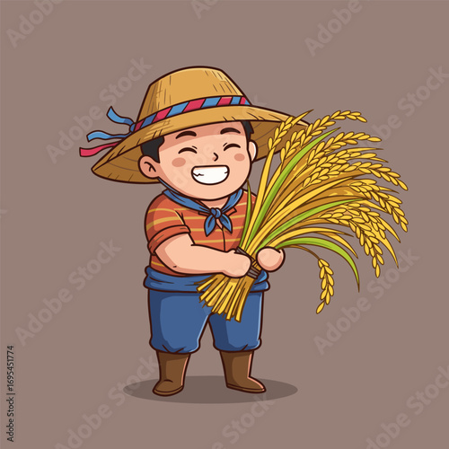 Cartoon character smiling while holding golden rice, dressed in a striped shirt, straw hat, blue pants, and neckerchief, set against a brown background.