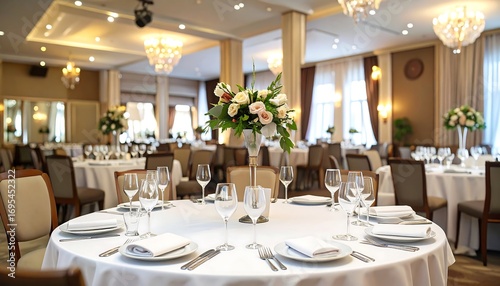 Elegant banquet hall with tables set for a large event