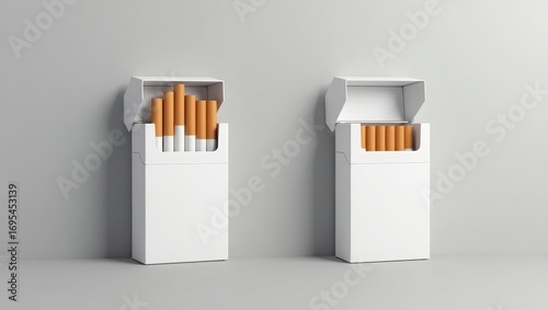 Two blank white cigarette packs are displayed on a light gray background.
