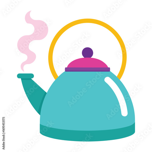 Illustration of a steaming hot tea kettle with a handle ready to serve a warm beverage